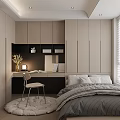 Modern Tatami Bedroom Interior With Bed Desk Chair Storage Cabinets And Window