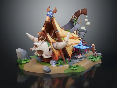 Cartoon Tribal Tent Scene With Bull Horns Bone Decorations Plants And Stones 3d model