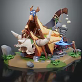Cartoon Tribal Tent Scene With Bull Horns Bone Decorations Plants And Stones
