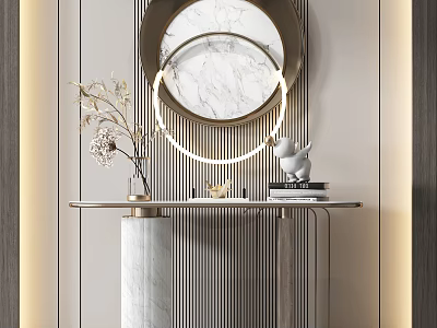 Modern Console Table with Marble Top Round Mirror and Decorative Ornaments 3d model
