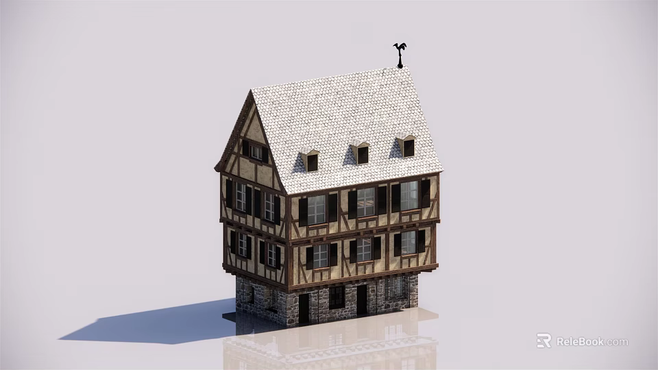 Traditional Three Story Guesthouse Building With Timber Frame White Roof And Stone Base 3d model 