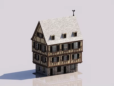 Traditional Three Story Guesthouse Building With Timber Frame White Roof And Stone Base 3d model