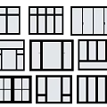 Various Black Framed Window Designs Featuring Different Pane Layouts 3d model