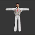 Man Standing With Arms Outstretched In White Sequined Jumpsuit And Red Scarf