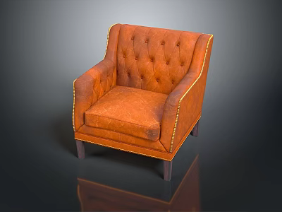Elegant Orange Leather Tufted Armchair With Gold Stitching And Wooden Legs 3d model