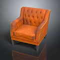 Elegant Orange Leather Tufted Armchair With Gold Stitching And Wooden Legs