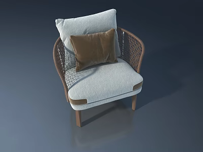 Modern Gray Fabric Armchair With Brown Cushion And Rattan Armrests Design 3d model
