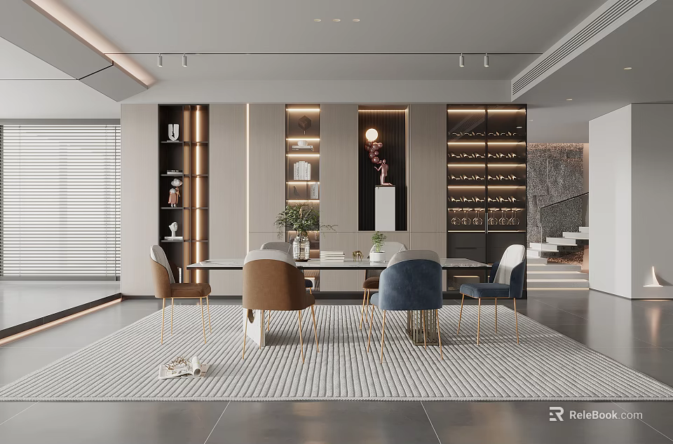 Modern Restaurant Interior Design With Dining Table Chairs And Illuminated Shelves Rug 3d model 