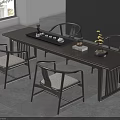Modern Chinese Style Wooden Tea Table and Chairs with Tea Set and Small Plant
