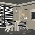 Modern Dining Room Interior With Round Table White Black Chairs Large Windows And Pendant Light 3d model