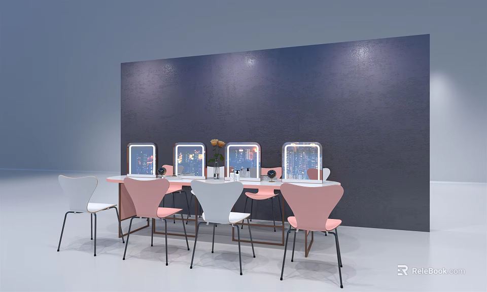 Elegant Dressing Tables With Mirrors And Pink White Chairs Against Dark Blue Wall 3d model 