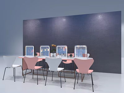 Elegant Dressing Tables With Mirrors And Pink White Chairs Against Dark Blue Wall 3d model