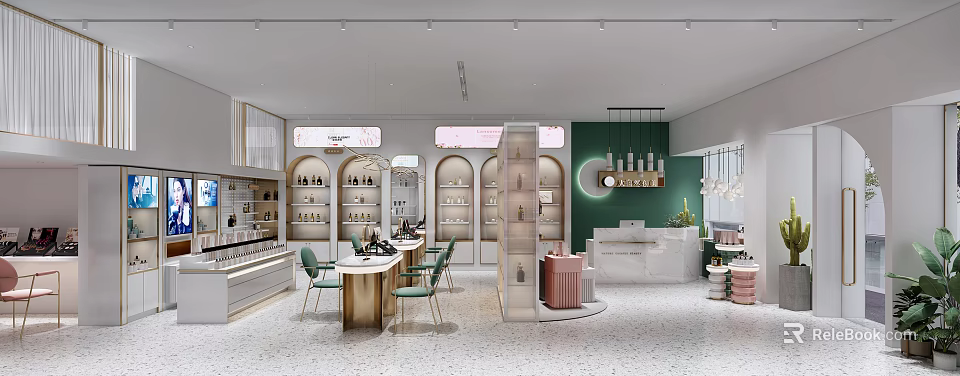Modern Beauty Hair Salon Interior Design With Green Wall Reception Desk And Product Shelves 3d model 