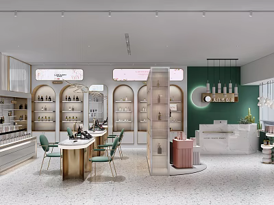 Modern Beauty Hair Salon Interior Design With Green Wall Reception Desk And Product Shelves 3d model