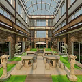 Garden Landscape in Indoor Atrium with Brick Walls Glass Roof Wooden Screens and Green Plants