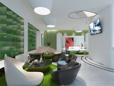 Modern Beauty Hair Salon Interior With Stylish Sofas Coffee Tables And Green Walls 3d model