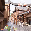 Traditional Chinese Commercial Street With Wooden Buildings Red Lanterns Stone Pavement And Pedestrians