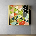 Colorful Abstract Geometric Painting With Various Shapes Hanging On Gray Wall