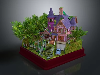Whimsical Miniature Cartoon Scene With Purple Roof House Green Trees Steps Blue Car And Garage 3d model