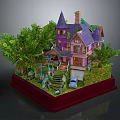 Whimsical Miniature Cartoon Scene With Purple Roof House Green Trees Steps Blue Car And Garage
