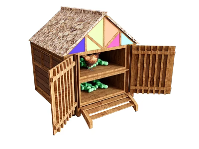 Wooden House Decorative Ornament Set With Colorful Thatched Roof Open Doors Shelves And Green Balls 3d model