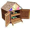 Wooden House Decorative Ornament Set With Colorful Thatched Roof Open Doors Shelves And Green Balls