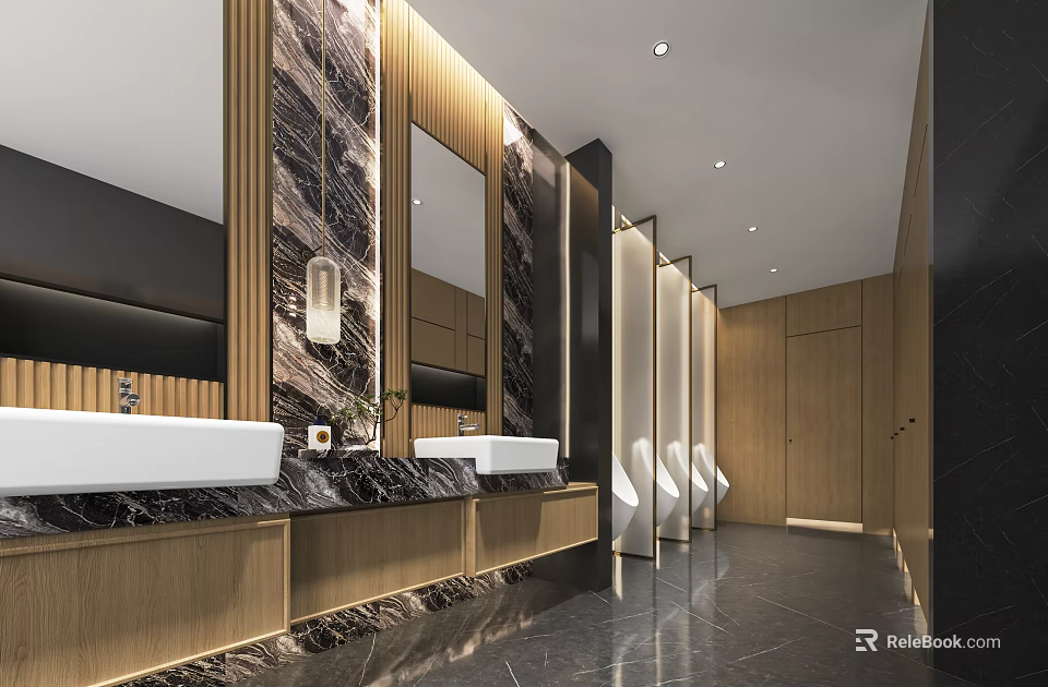 Modern Public Restroom Interior With Marble Countertops Sinks Wooden Elements And Urinals 3d model 