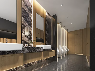Modern Public Restroom Interior With Marble Countertops Sinks Wooden Elements And Urinals 3d model