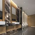Modern Public Restroom Interior With Marble Countertops Sinks Wooden Elements And Urinals