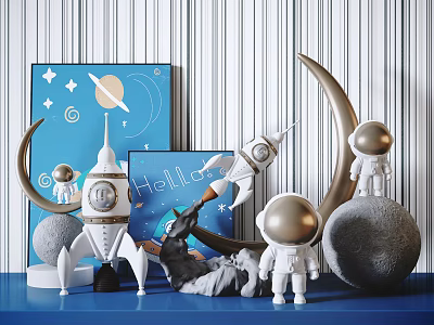 Space Themed Decorative Ornament Set With Astronaut Figurines Rocket Models Crescent Moon And Planet Decor 3d model