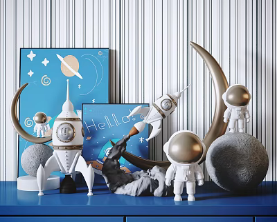 Space Themed Decorative Ornament Set With Astronaut Figurines Rocket Models Crescent Moon And Planet Decor 3d model