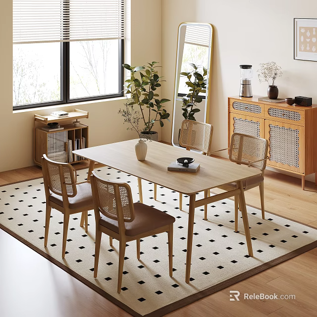 Modern Dining Table Set With Cane Chairs Potted Plant Wooden Cabinet And Area Rug 3d model 