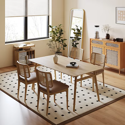 Modern Dining Table Set With Cane Chairs Potted Plant Wooden Cabinet And Area Rug 3d model