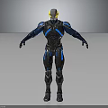 Futuristic Mechanical Warrior With Detailed High Tech Armor Yellow Head Black Blue Standing Pose