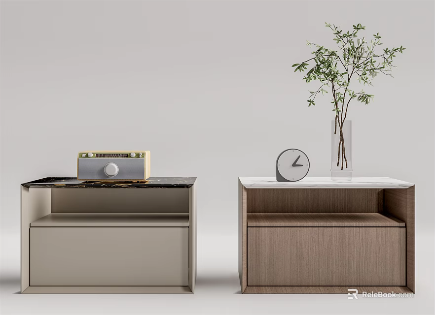 Modern Bedside Tables with Radio Clock Vase Plant Marble Top and Wooden Drawers 3d model 
