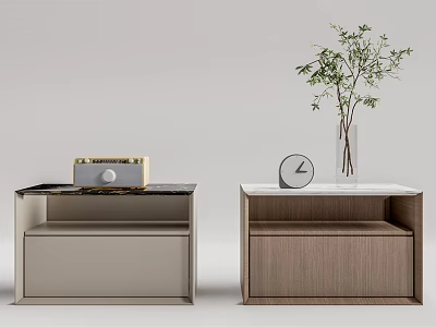 Modern Bedside Tables with Radio Clock Vase Plant Marble Top and Wooden Drawers 3d model