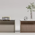 Modern Bedside Tables with Radio Clock Vase Plant Marble Top and Wooden Drawers
