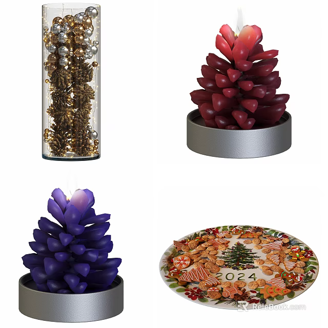 Decorative Ornament Set With Glass Jar Gold Accents Red Purple Pinecones And 2024 Christmas Plate 3d model 