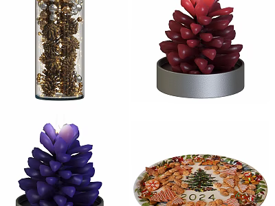 Decorative Ornament Set With Glass Jar Gold Accents Red Purple Pinecones And 2024 Christmas Plate 3d model