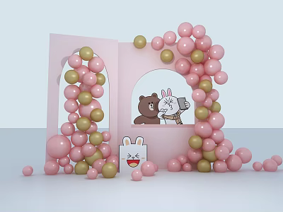 Cute Pink Photo Check-in Spot Featuring Balloon Arch Cartoon Rabbit Bear and Scattered Balloons 3d model