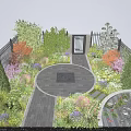 Lush Courtyard Garden With Fence Colorful Shrubs Circular Stone Path Decorative Centerpiece And Small Pond