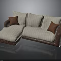 Modern Sectional Sofa with Beige Striped Cushions Brown Armrests and Throw Pillows
