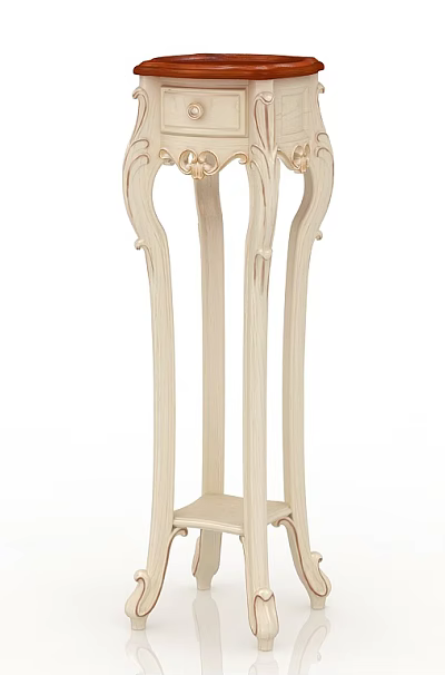 Classic Ornate Plant Stand With White Carved Frame Red Wooden Top Drawer And Lower Shelf 3d model