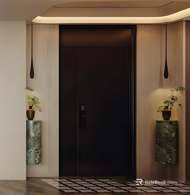 Bonsai Plants On Marble Pillars By Modern Black Door With Hanging Lamps 3d model 