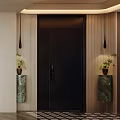 Bonsai Plants On Marble Pillars By Modern Black Door With Hanging Lamps