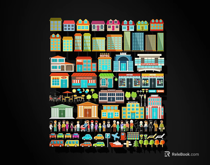 Colorful Cartoon Illustration With Various Buildings People Cars And Trees On Black Background 3d model 