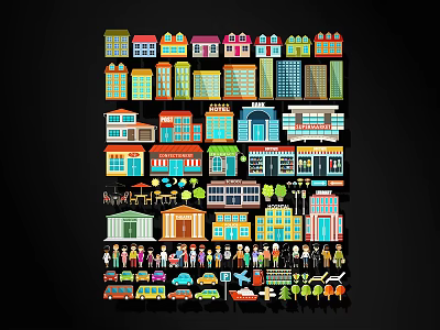 Colorful Cartoon Illustration With Various Buildings People Cars And Trees On Black Background 3d model