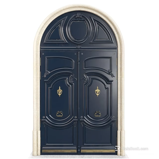 Elegant Dark Blue Double Front Door With Carved Design Golden Handles And Stone Frame 3d model 