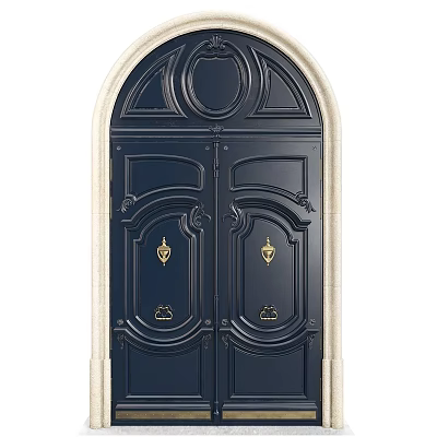 Elegant Dark Blue Double Front Door With Carved Design Golden Handles And Stone Frame 3d model