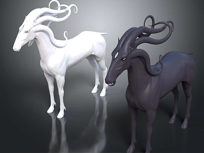 3D Mythical Creatures Sculptures White And Dark With Curved Spiral Horns 3d model